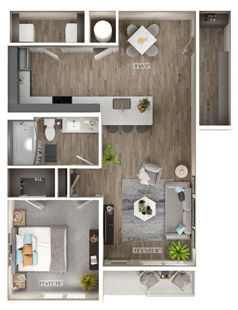 A floor plan of a small apartment with a kitchen, living room, and bathroom.